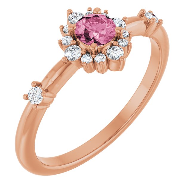 14K Rose Natural Pink Tourmaline & 1/6 CTW Natural Diamond Halo-Style Ring 